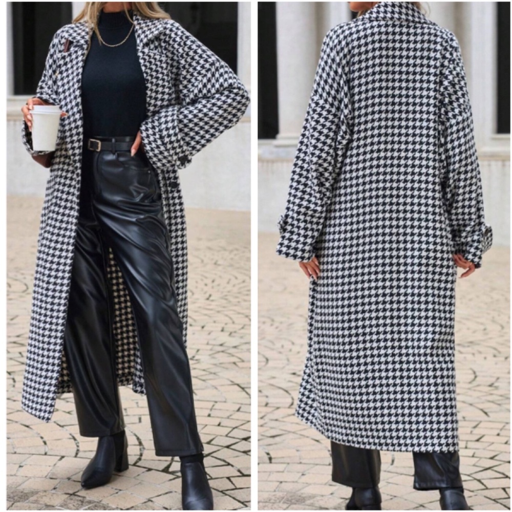 Classic Cotton Houndstooth Print Pockets Oversized Jacket Coat - Picture 2 of 4